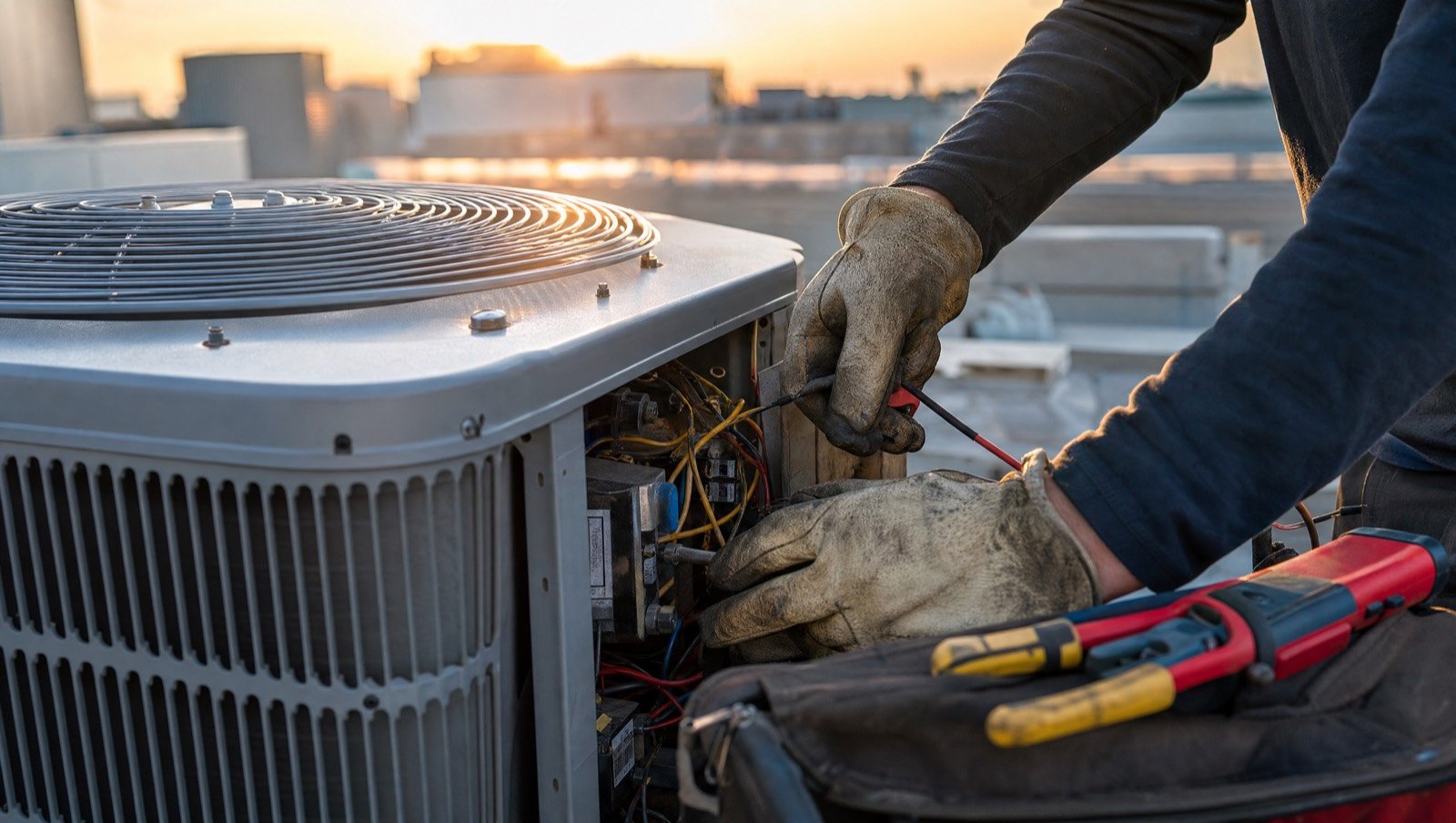 HVAC technician working at a rooftop condenser unit at golden hour