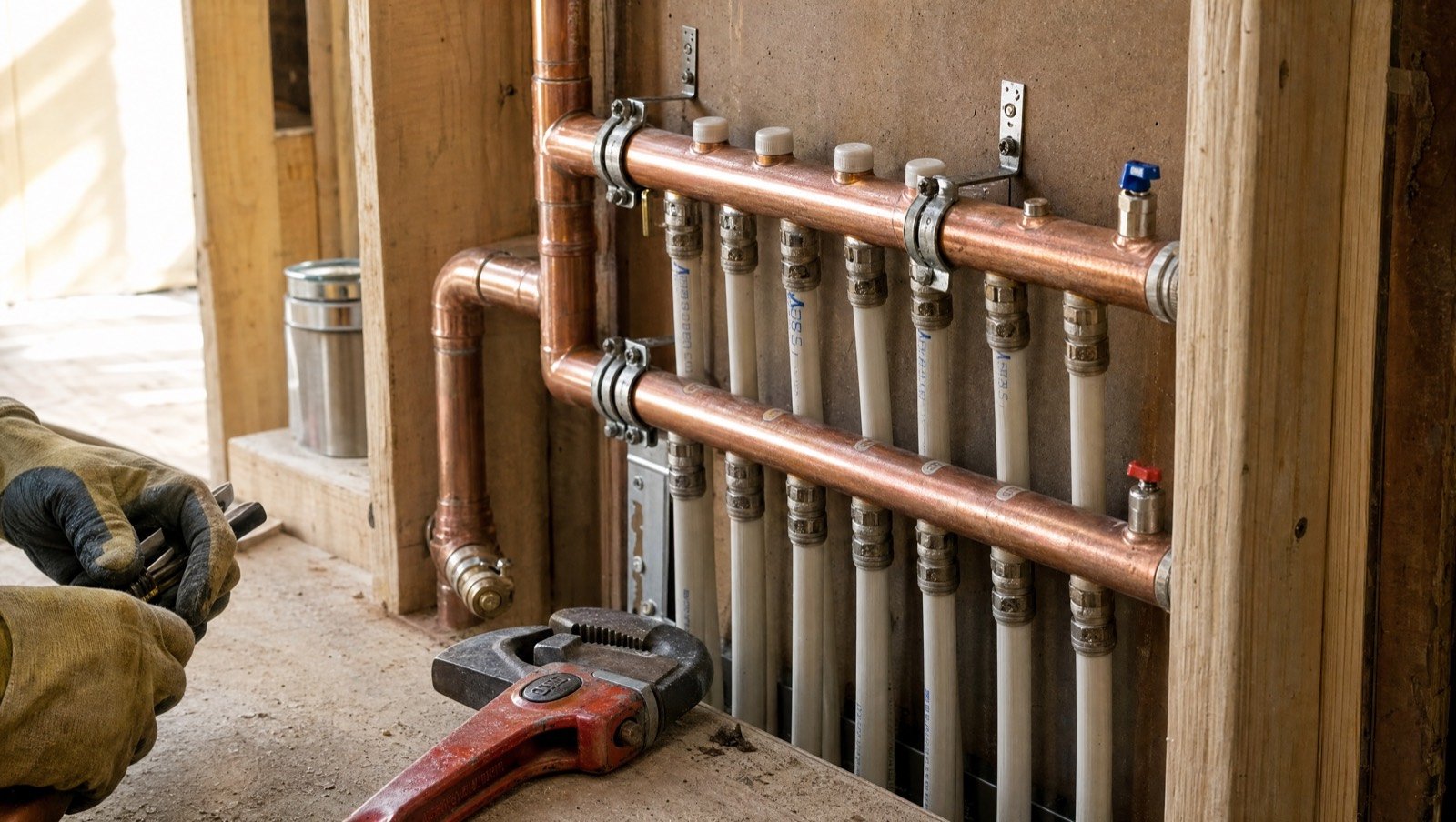 Copper and PEX plumbing manifold mid-installation
