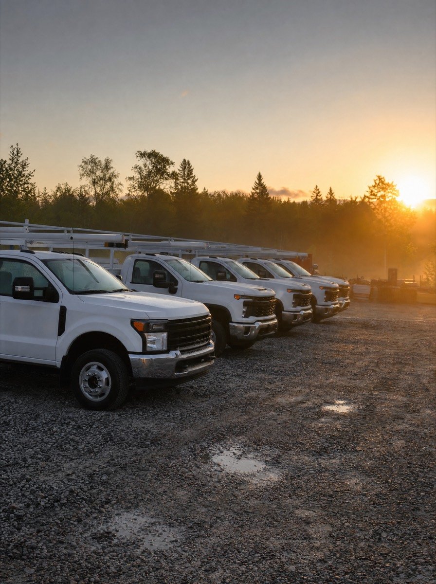Service truck fleet lined up in a contractor yard at first light
