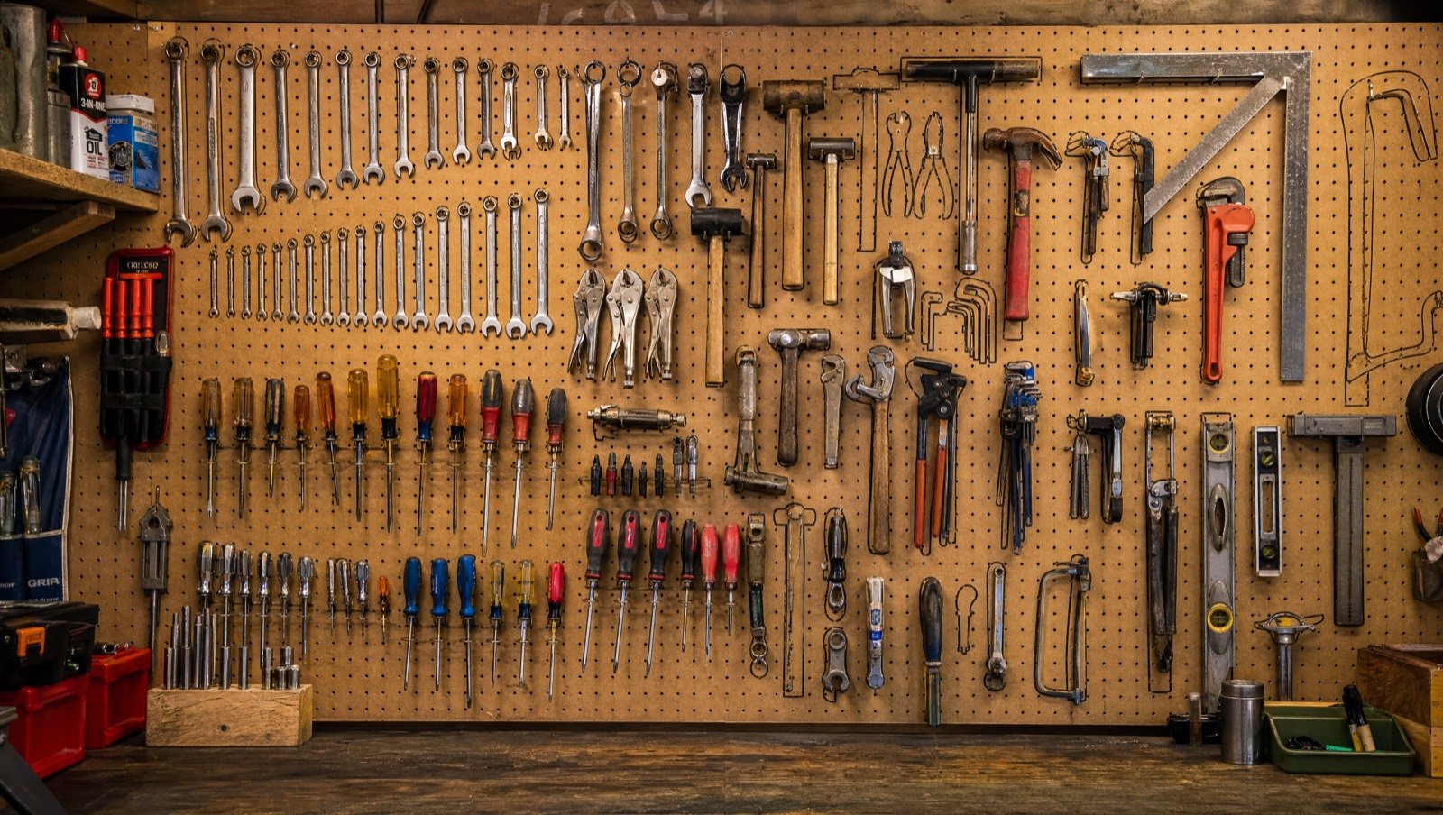 Workshop wall of meticulously organized tools