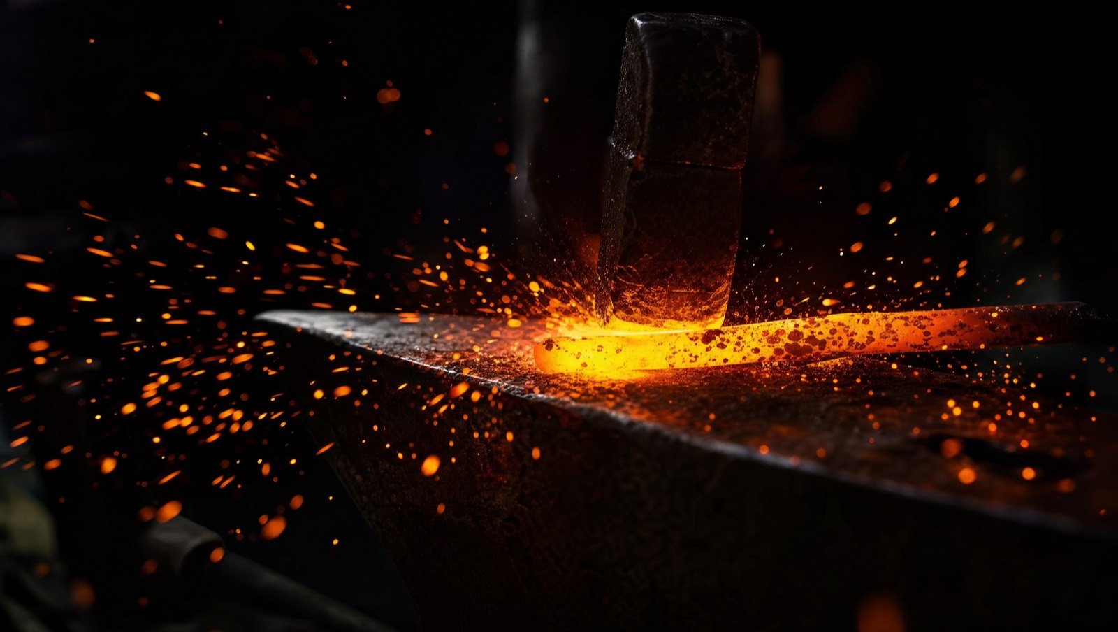 Sparks flying from hot metal being worked on an anvil