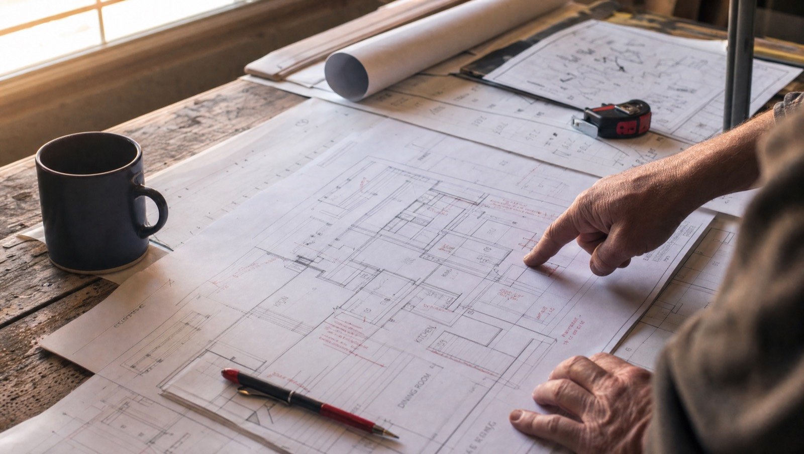 Marked-up plans on a work table