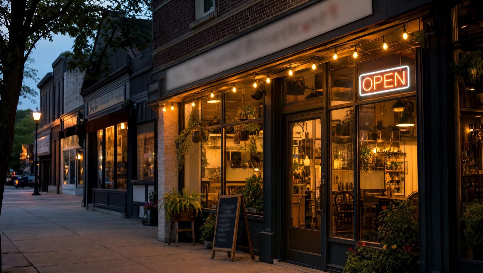 Local storefront at dusk with a glowing open sign